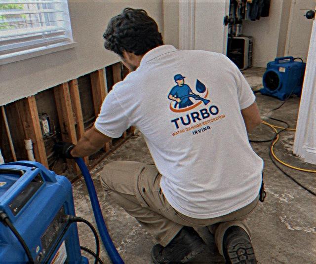Turbo technician extracting water from a flood-damaged wall in Irving, TX